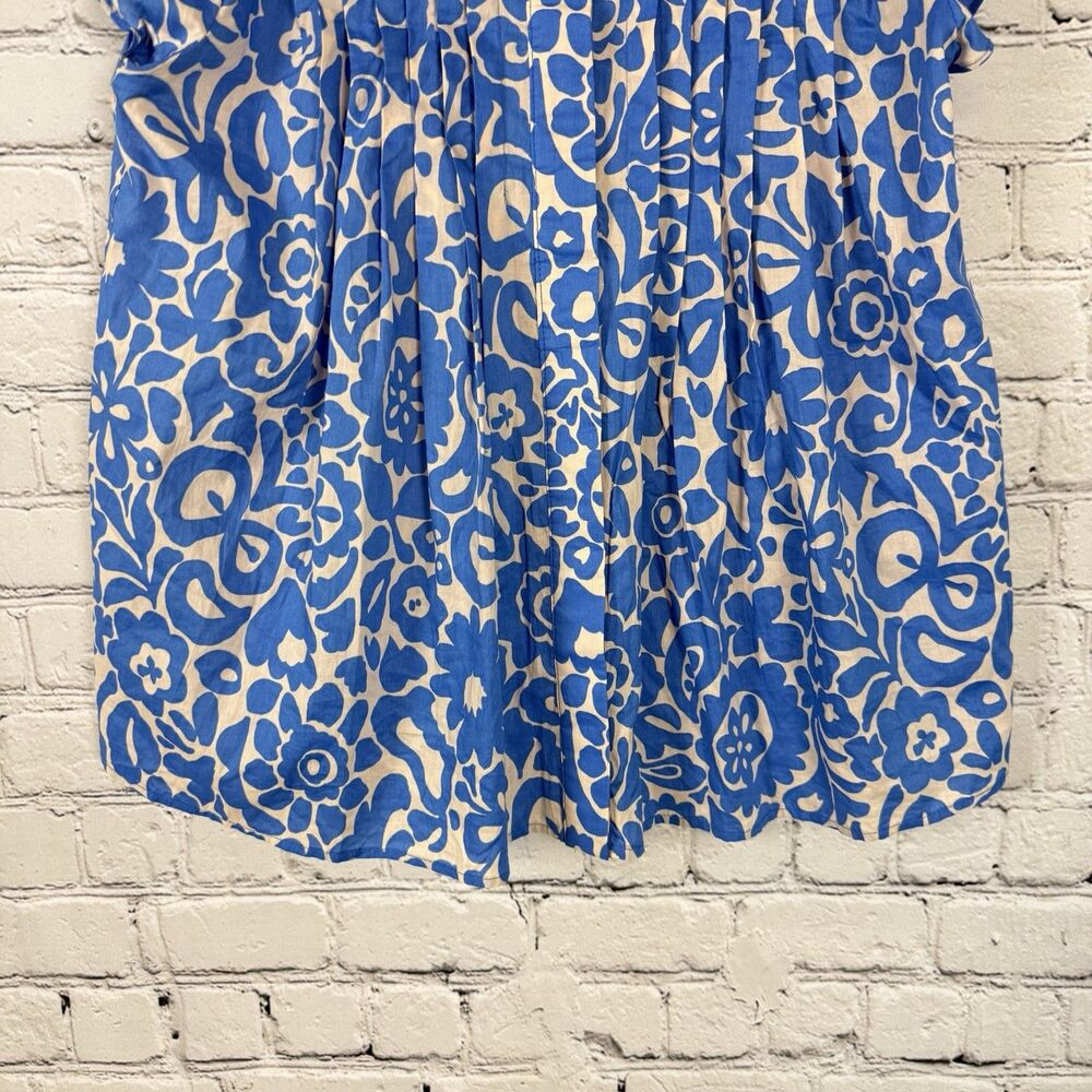 Avara Flutter Sleeve Pleated Blouse Women Size XS Blue White Cotton Button Front - Picture 4 of 12